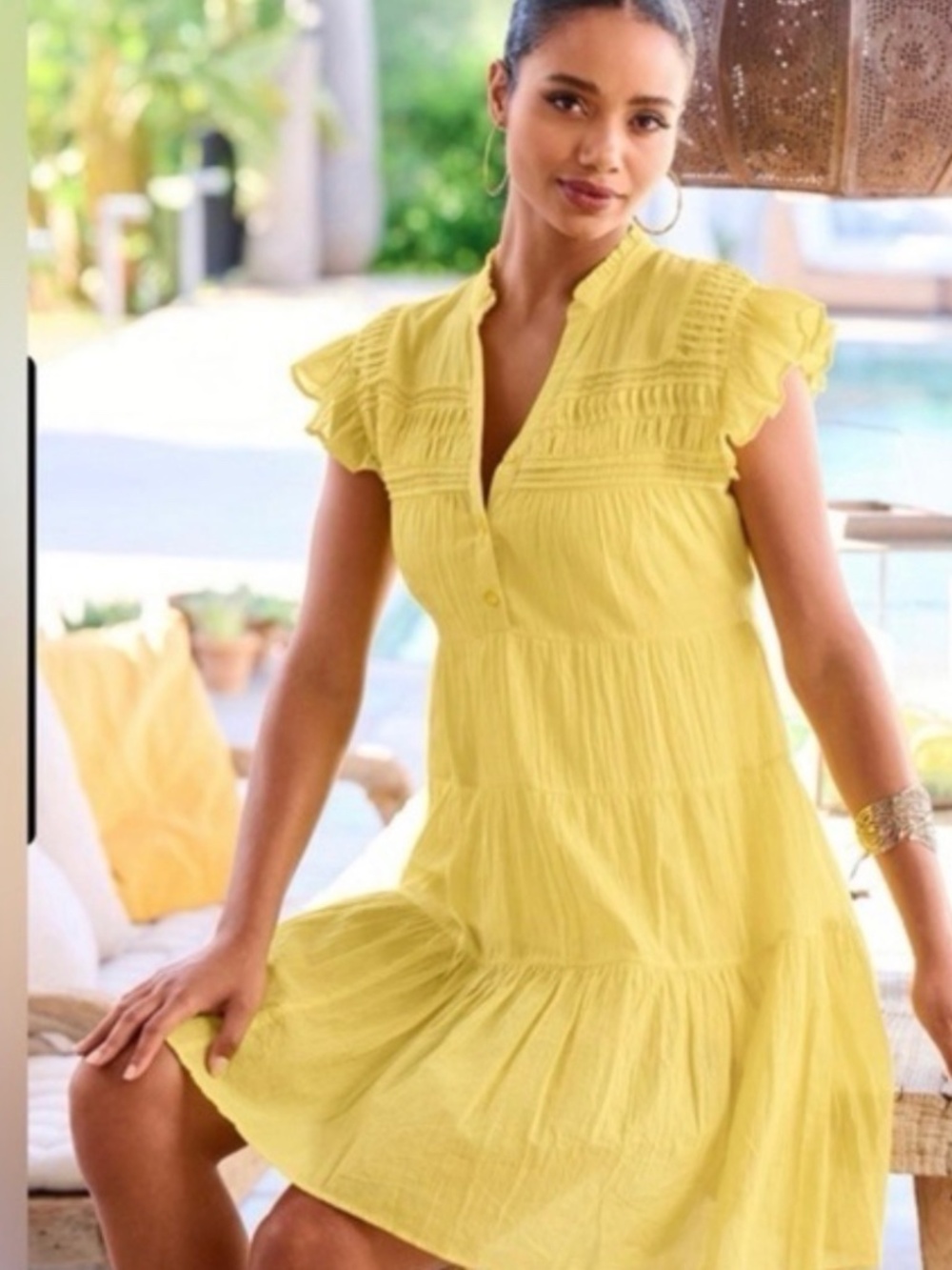 Boston Proper Sunny Yellow Tiered Cotton Flutter-Sleeve Dress